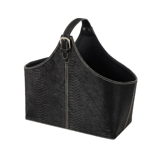 17" Black Leather Handmade Box Style Decorative Magazine Holder with Detail Stitching & Curved Buckle Handles